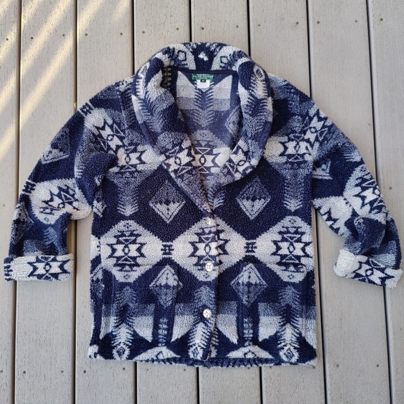 LRL Ralph Lauren Navajo Aztec Southwestern Sherpa Jacket Vintage Coat Blue Small - Picture 1 of 12